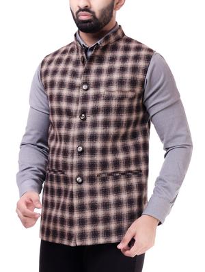 brown checkered nehru jacket - 16169245 - Standard Image - 2