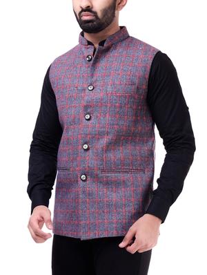 blue checkered nehru jacket - 16169247 - Standard Image - 2