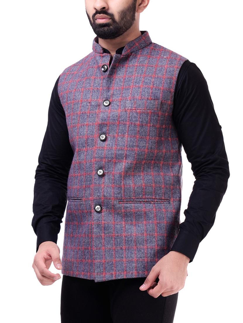 blue checkered nehru jacket - 16169247 - Zoom Image - 2