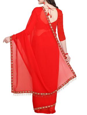 Bordered solid plain saree with blouse - 16169328 - Standard Image - 2