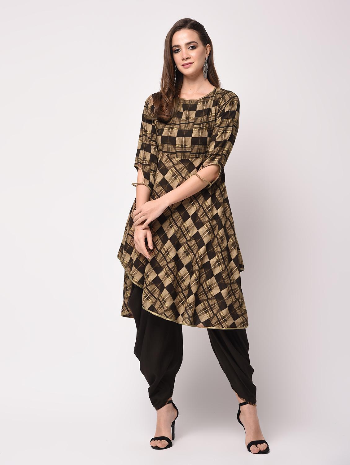 Geometric Printed Asymmetric Kurta with Cowl Pants Set - 16170414 - Zoom Image - 2