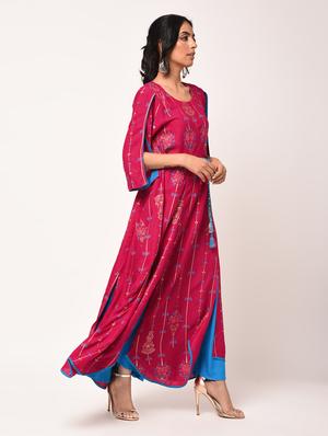 foil printed flared kurta with waist belt - 16173054 - Standard Image - 2