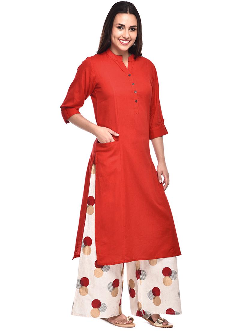 Solid kurta printed palazzo set - 16180167 - Zoom Image - 2
