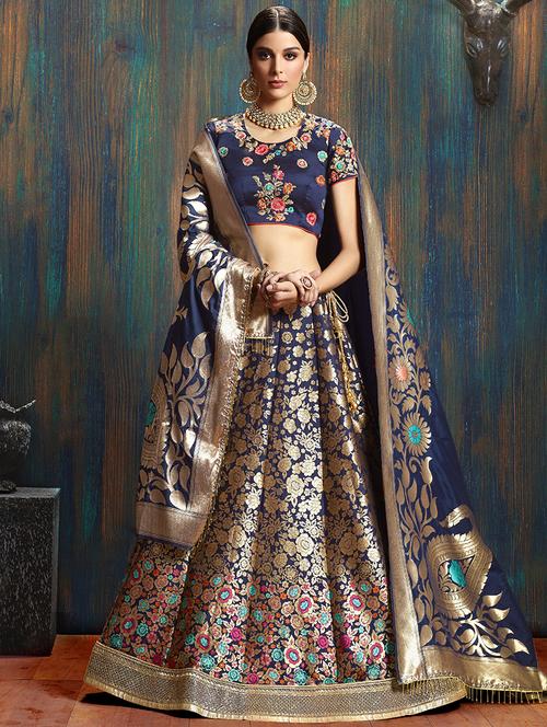 blue silk flared lehenga - 16185054 - Standard Image - 1