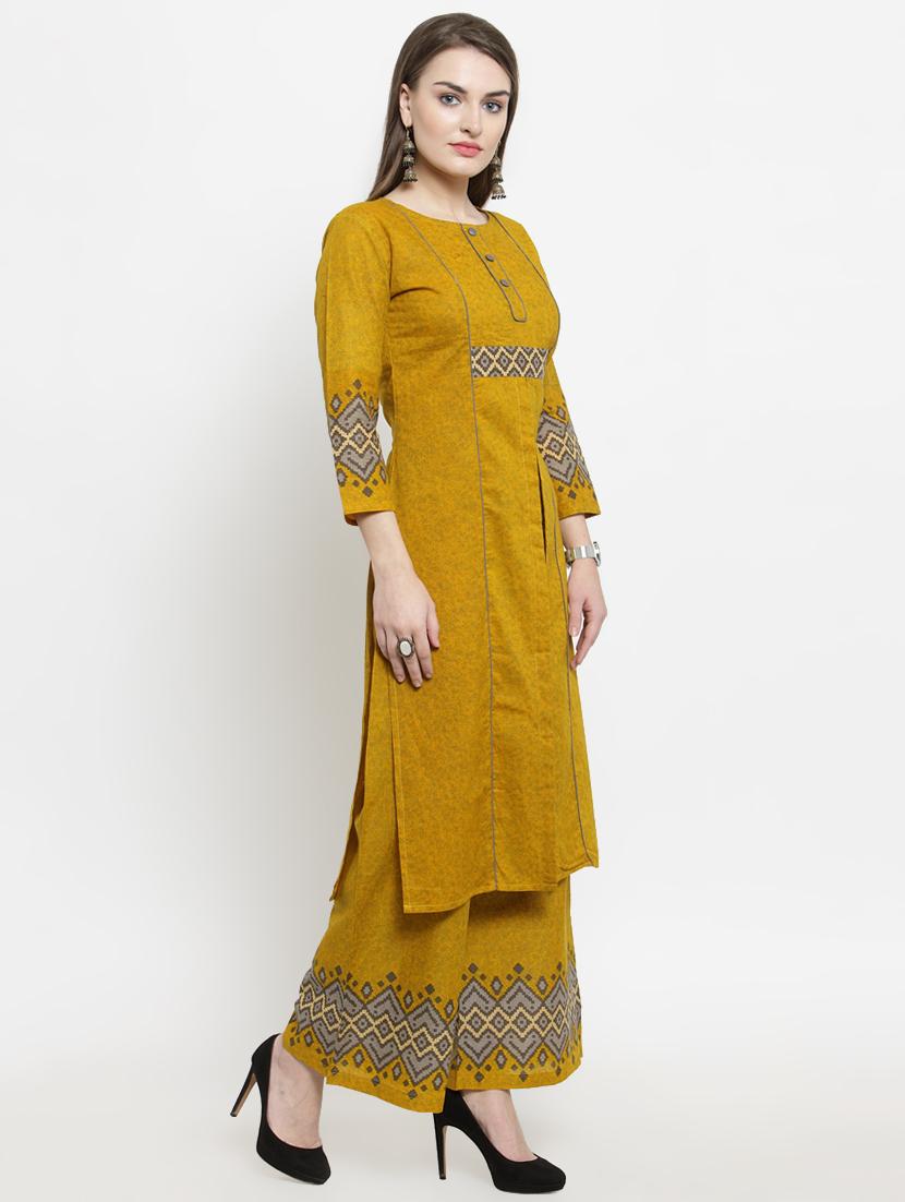mustard printed kurta palazzo set - 16194931 - Zoom Image - 2
