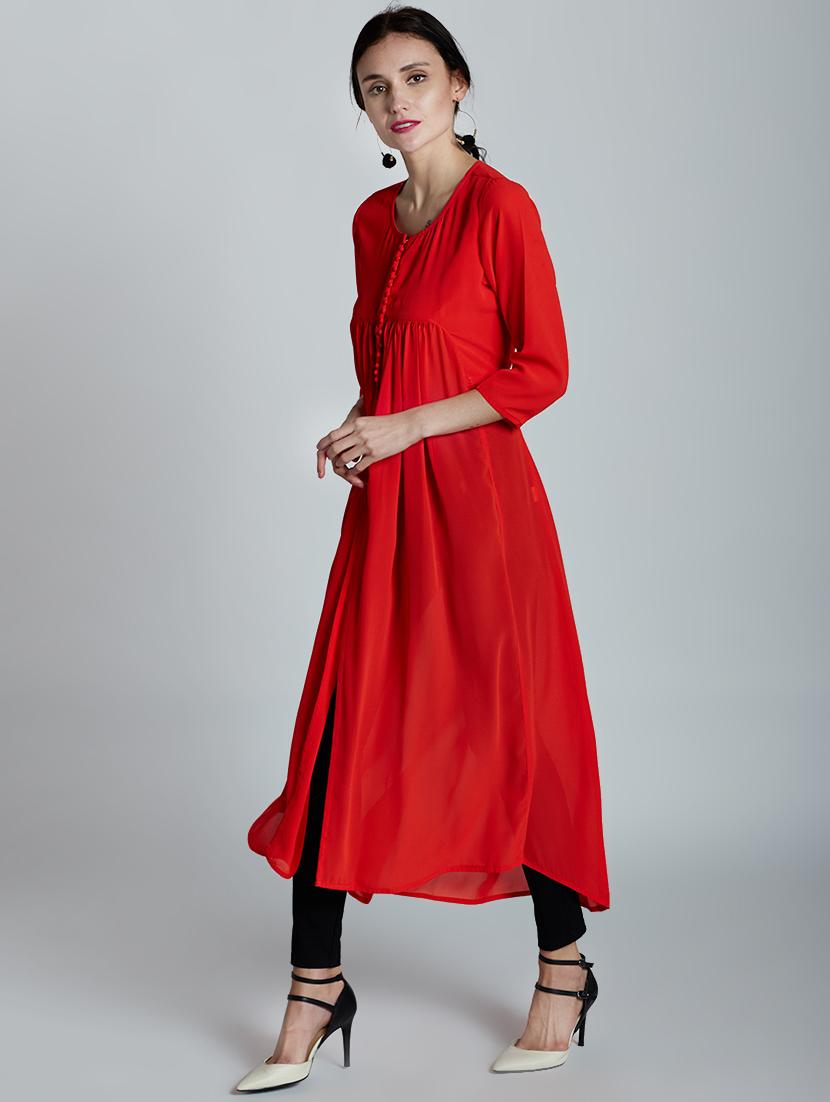 solid high slit kurta - 16200796 - Zoom Image - 2
