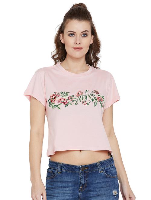 short sleeved embroidered crop top - 16214491 - Standard Image - 1