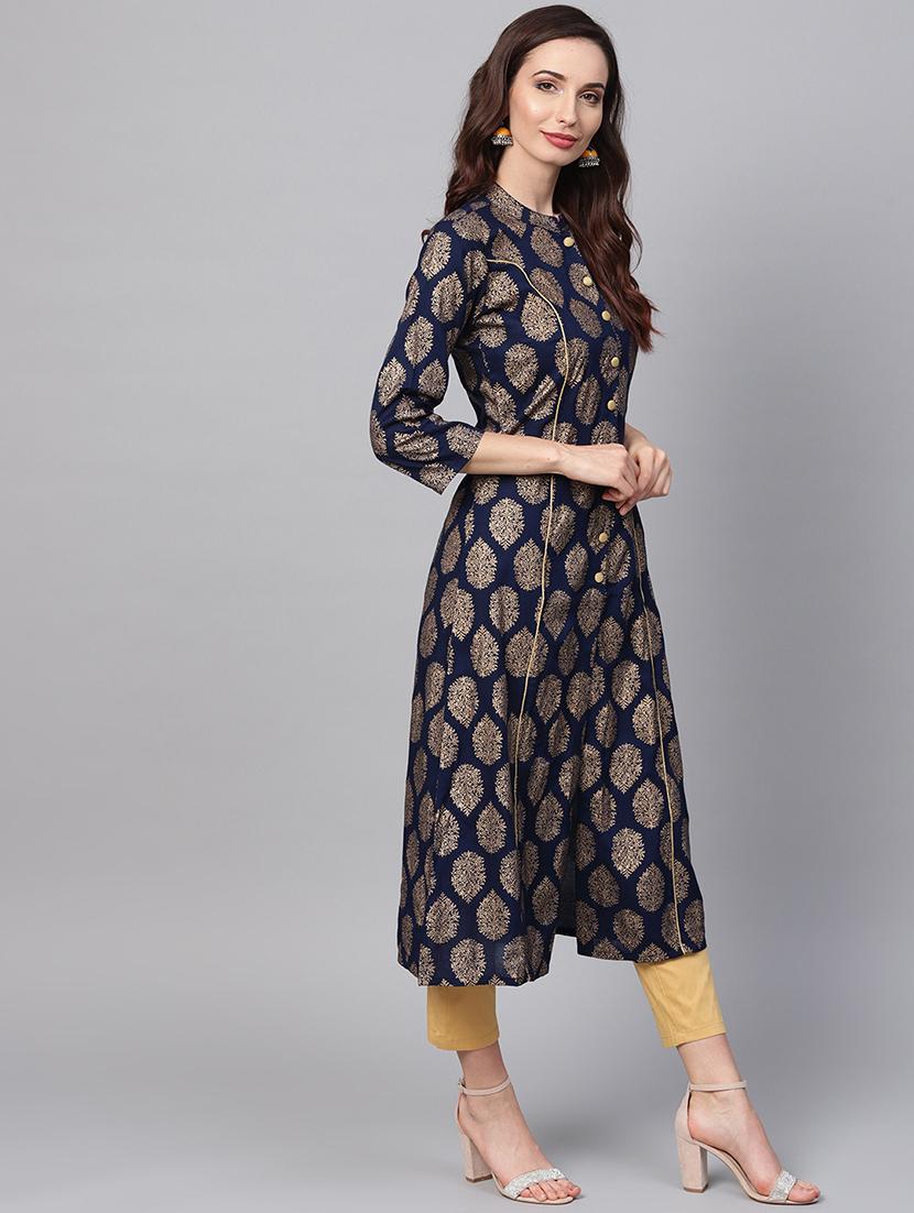 Foil Printed A-Line Kurta - 16215899 - Zoom Image - 2