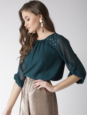 round neck embellished top - 16216627 - Standard Image - 2