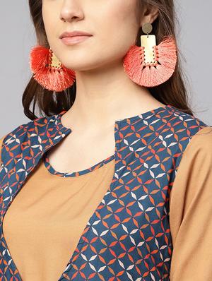 solid kurta with geometrical printed jacket - 16231943 - Standard Image - 5