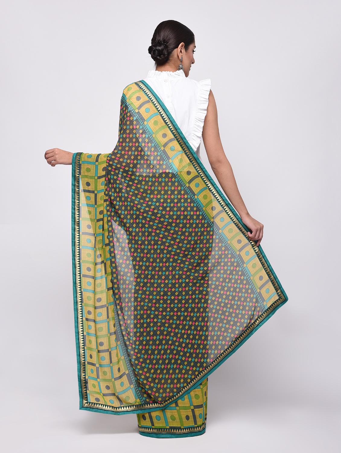 checkered print saree with blouse - 16236739 - Zoom Image - 2