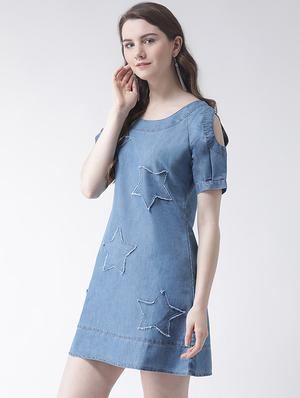 applique a-line cold shoulder dress - 16236812 - Standard Image - 2