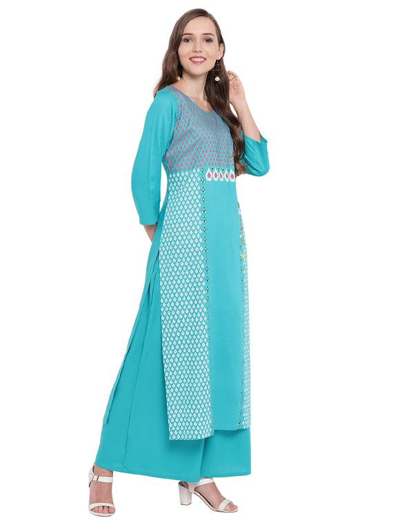 Block printed kurta with palazzo set - 16242351 - Zoom Image - 2