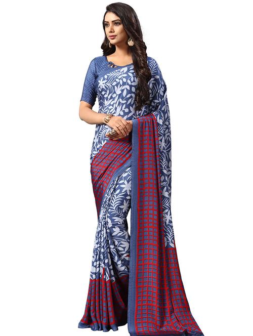 checkered floral printed saree with blouse - 16244732 - Very Small Image - 1
