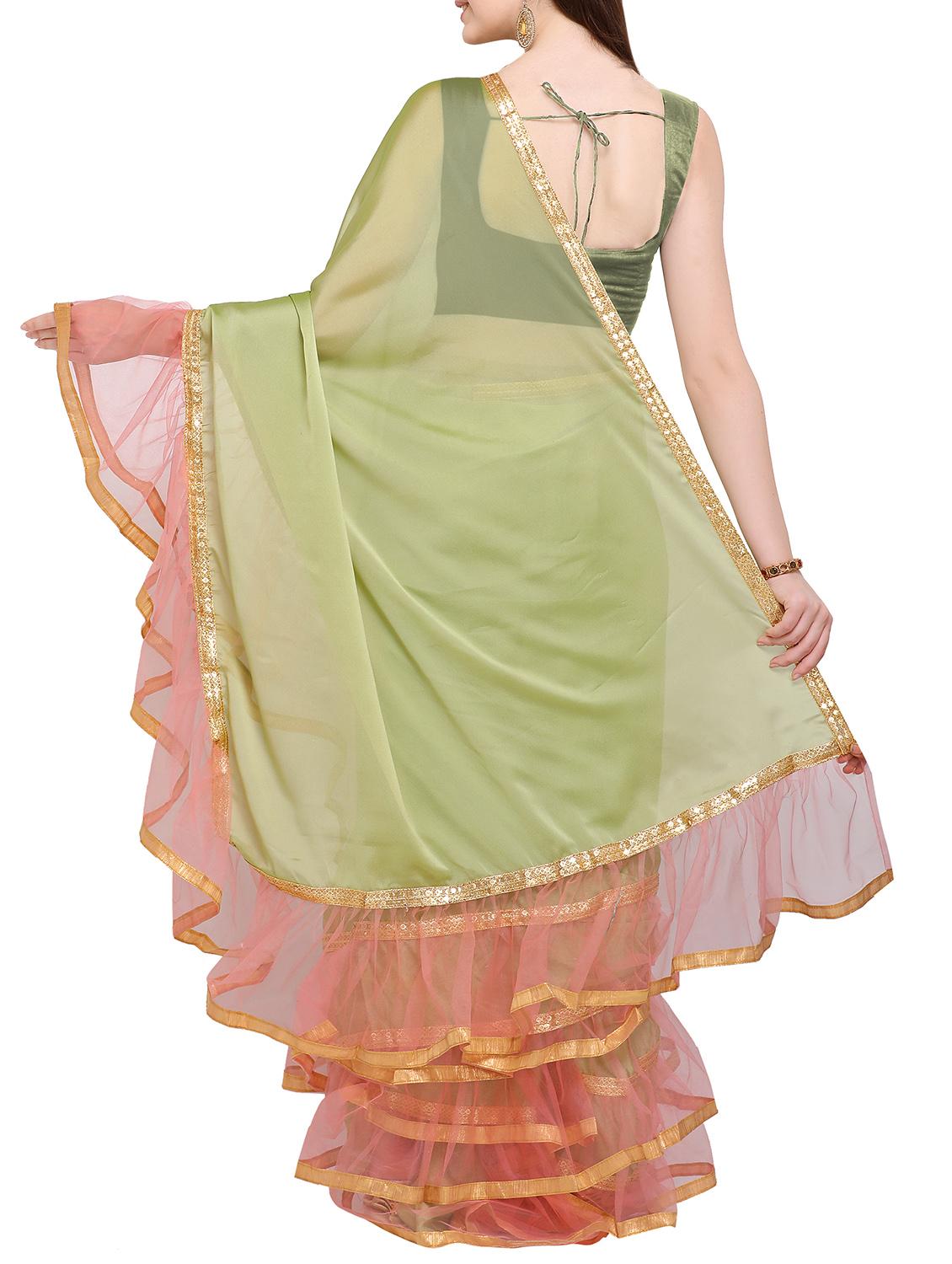 Ruffle bordered fusion saree with blouse - 16245611 - Zoom Image - 2