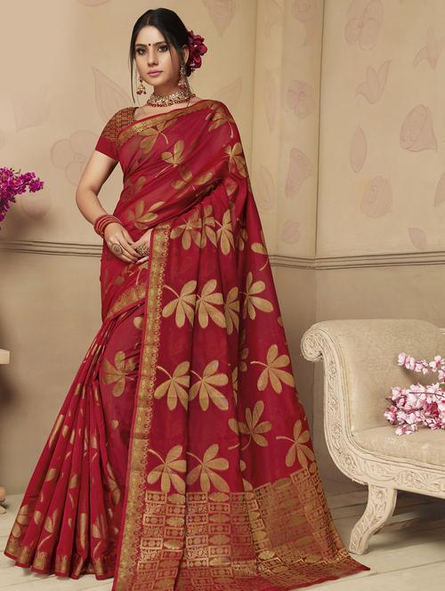 floral zari motif woven saree with blouse - 16246114 - Very Small Image - 1