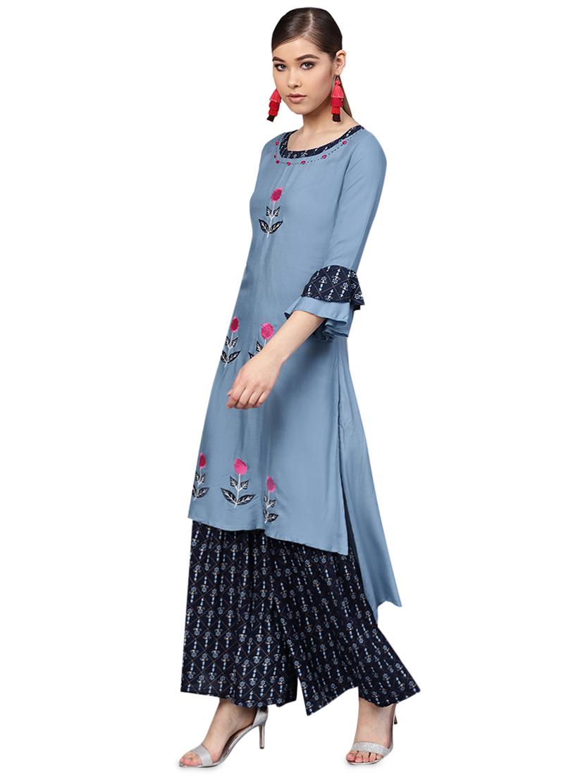 embroidered kurta with sharara set - 16256370 - Zoom Image - 2