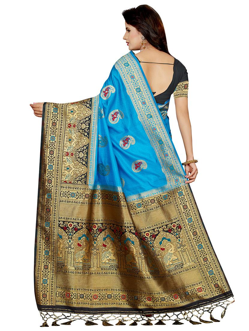 gold zari border woven saree with blouse - 16256569 - Zoom Image - 2