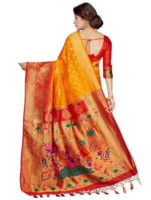 contrast zari border woven saree with blouse - 16256575 - Standard Image - 2