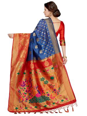 contrast zari border woven saree with blouse - 16256576 - Standard Image - 2