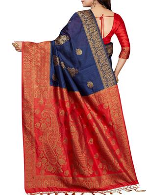 contrast zari border woven saree with blouse - 16256589 - Standard Image - 2