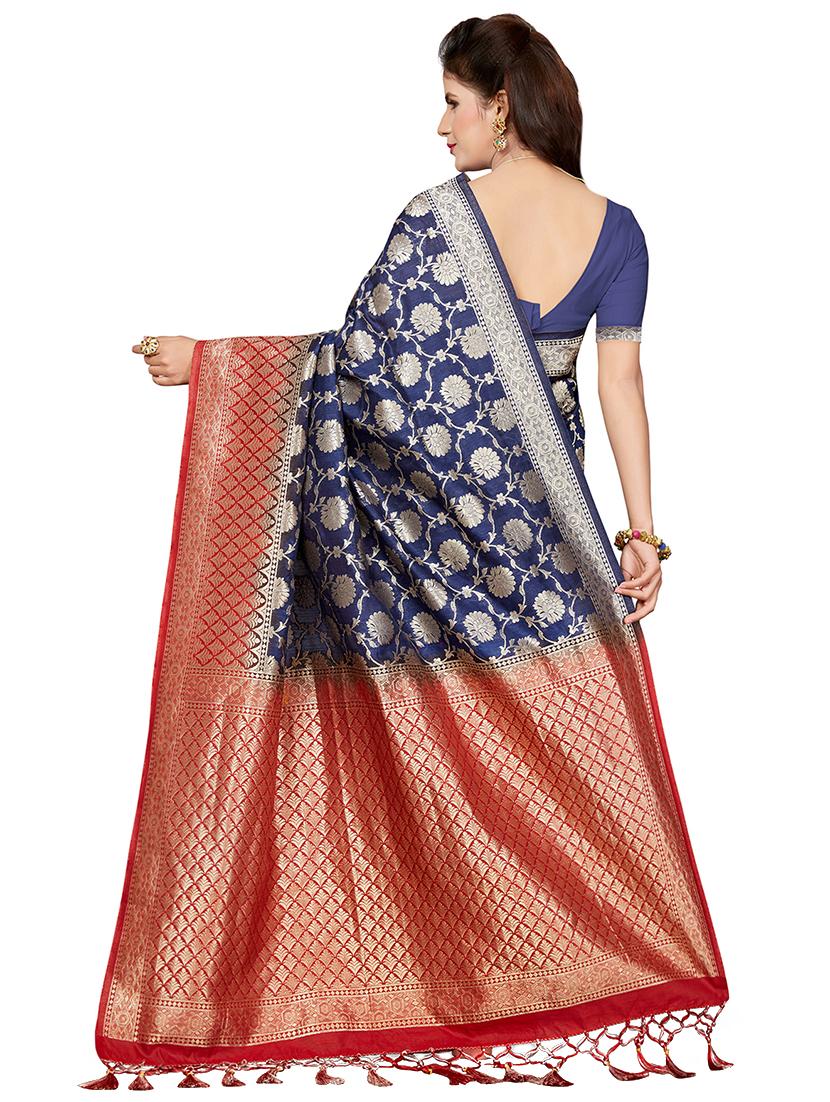 floral zari motif woven saree with blouse - 16256590 - Zoom Image - 2