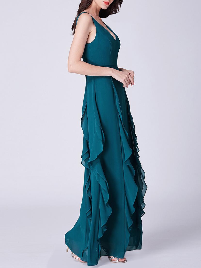 Ruffle pleated deep neck fit & flare gown - 16258867 - Zoom Image - 2