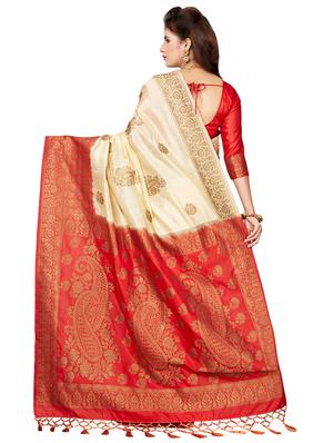 contrast zari border woven saree with blouse - 16258962 - Standard Image - 2