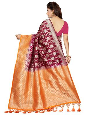 contrast zari border woven saree with blouse - 16258963 - Standard Image - 2