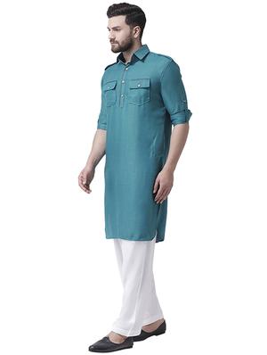 blue silk blend pathani kurta - 16263897 - Standard Image - 2