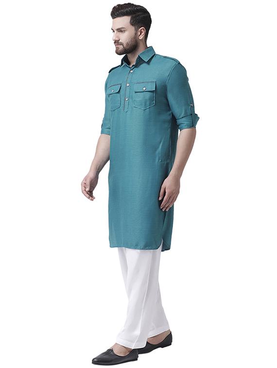 blue silk blend pathani kurta - 16263897 - Zoom Image - 2