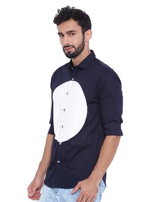 navy blue color block casual shirt - 16265241 - Standard Image - 2