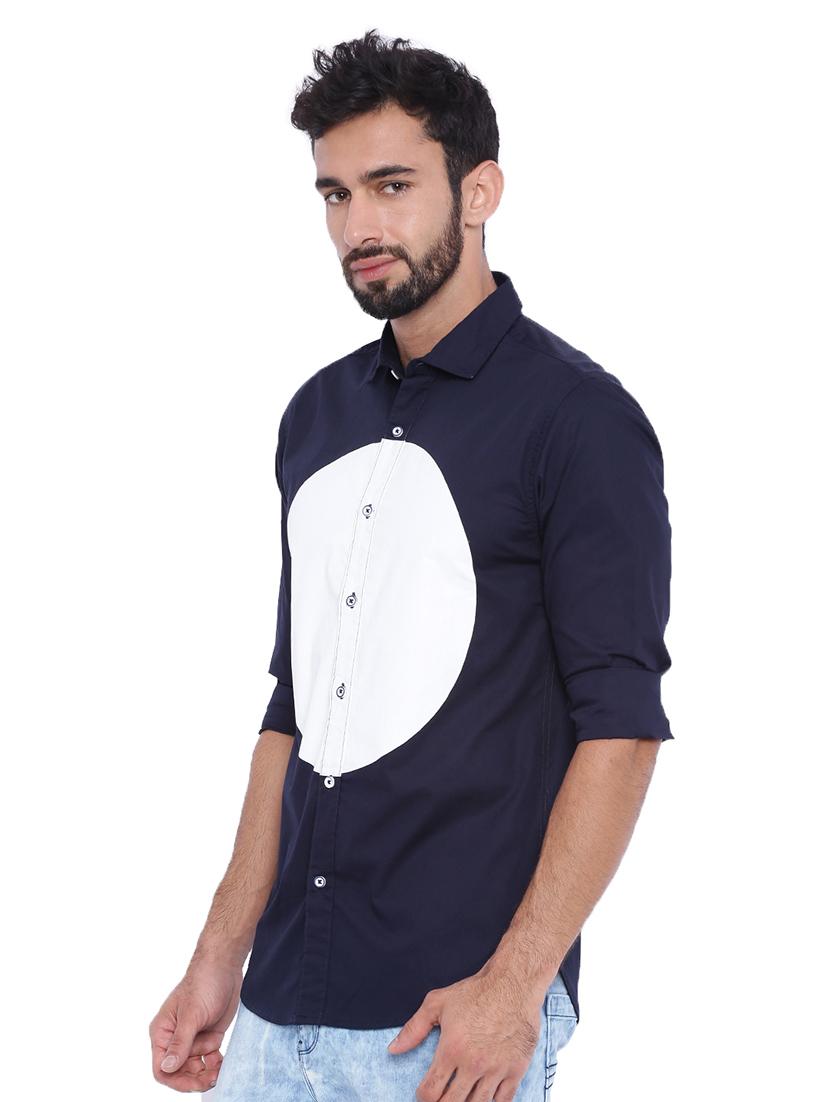 navy blue color block casual shirt - 16265241 - Zoom Image - 2