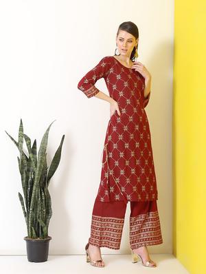 printed a-line kurta palazzo set - 16277130 - Standard Image - 2