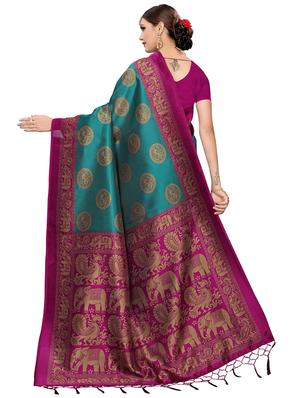turquoise art silk printed saree with blouse - 16281960 - Standard Image - 2