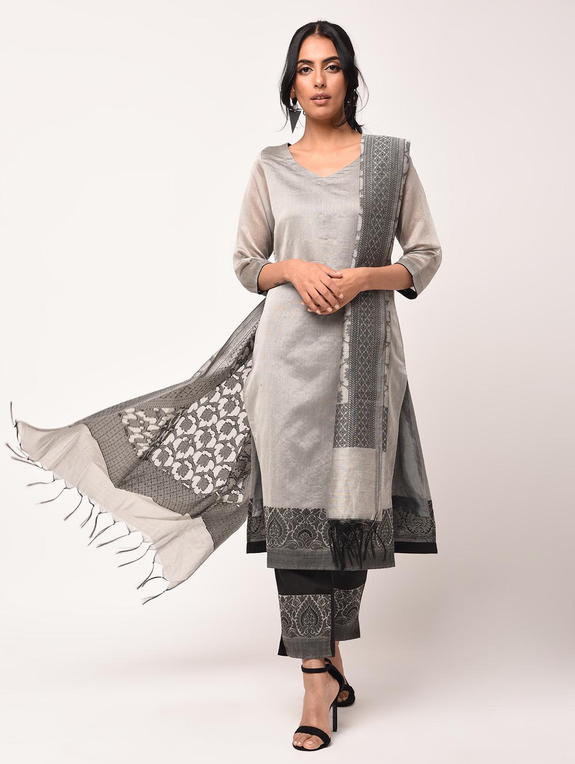 jacquard motif kurta pant dupatta suit set - 16283632 - Zoom Image - 2