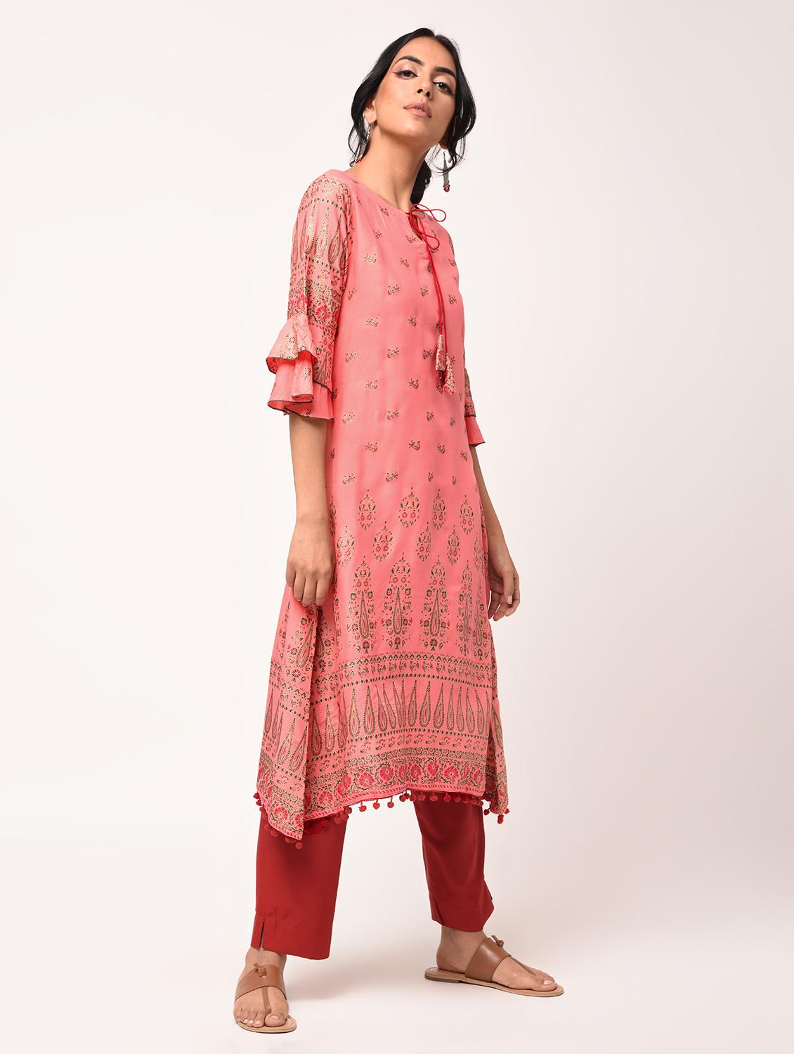 block printed asymmetric kurta - 16284795 - Zoom Image - 2