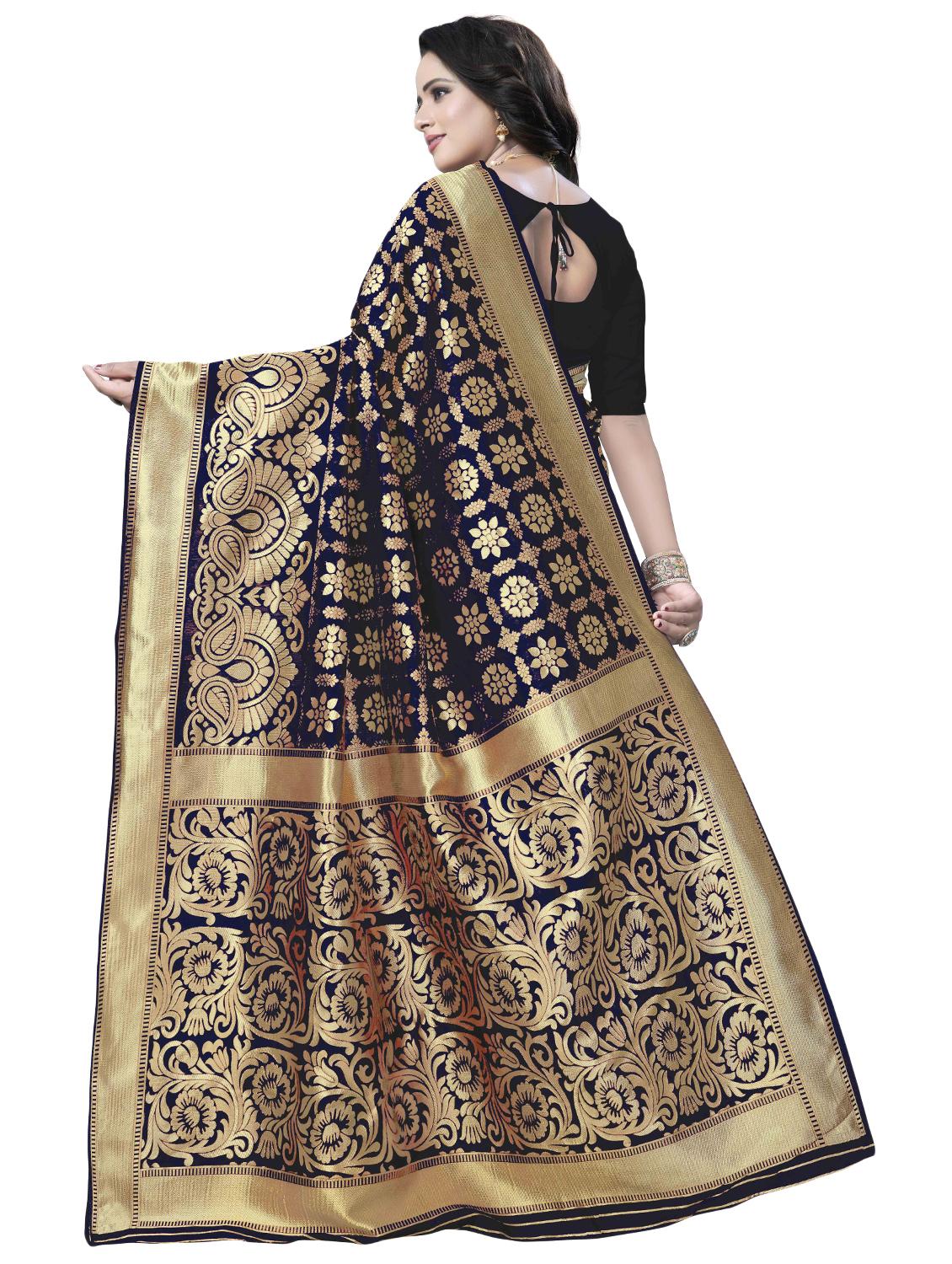 floral zari motif banarasi saree with blouse - 16287503 - Zoom Image - 2