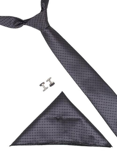 grey microfiber tie, pocket square and cuff links combo - 16293490 - Standard Image - 1