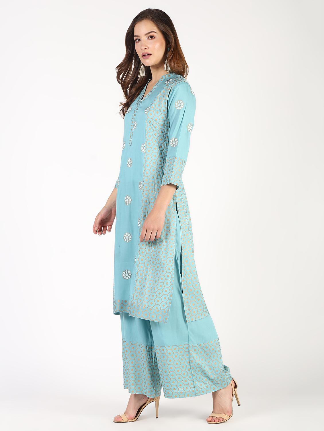 block print kurta palazzo set - 16308019 - Zoom Image - 2