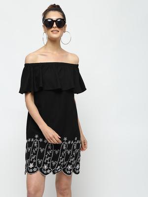 scallop hem off shoulder sheath dress - 16311649 - Standard Image - 2