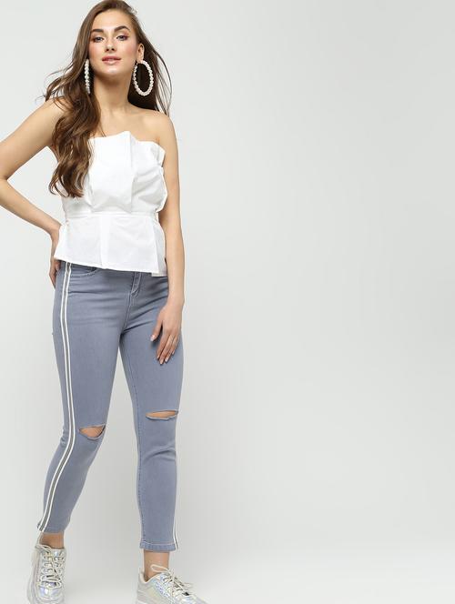 side taped knee slit jeans - 16313345 - Standard Image - 1