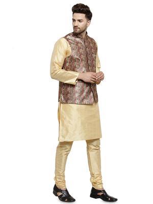 gold silk blend kurta pyjama set with nehru jacket - 16315922 - Standard Image - 2