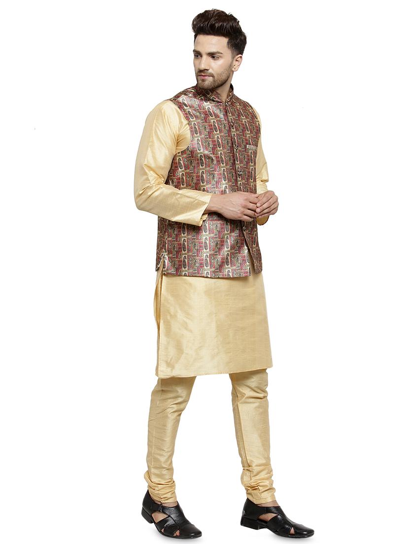 gold silk blend kurta pyjama set with nehru jacket - 16315922 - Zoom Image - 2