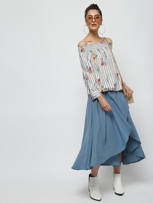 off shoulder striped blouson top - 16320263 - Standard Image - 1