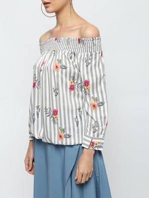off shoulder striped blouson top - 16320263 - Standard Image - 5