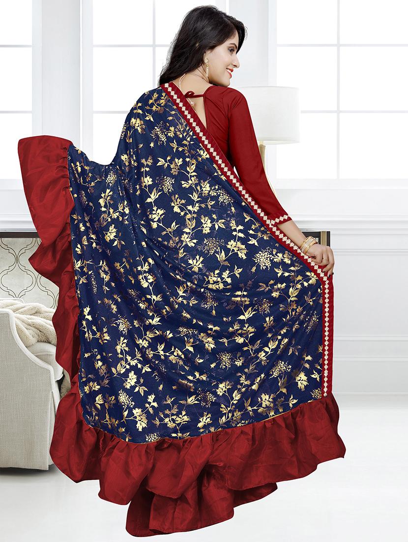 foil printed ruffle border fusion saree with blouse - 16328917 - Zoom Image - 2