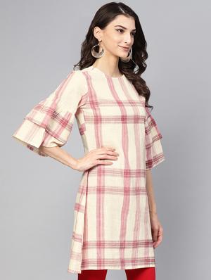 bell sleeves checkered a-line kurti - 16330403 - Standard Image - 2