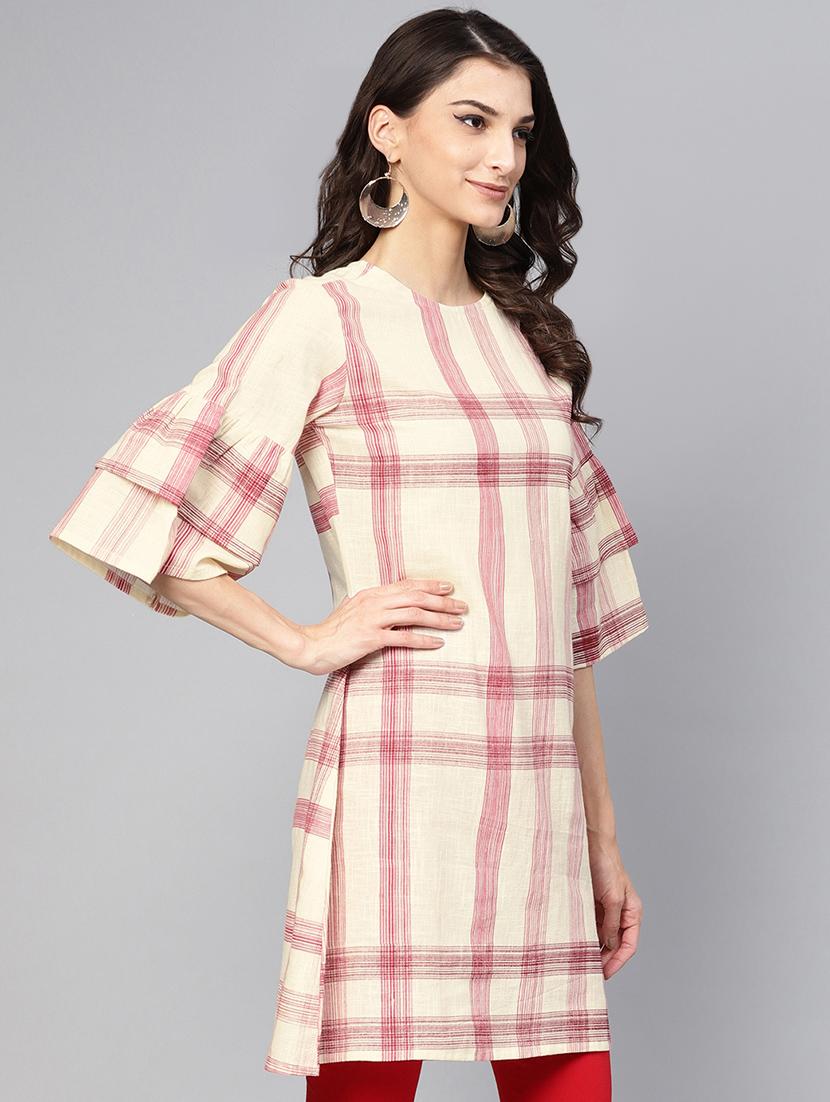 bell sleeves checkered a-line kurti - 16330403 - Zoom Image - 2