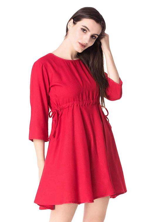 drawstring solid a-line dress - 16330747 - Zoom Image - 2